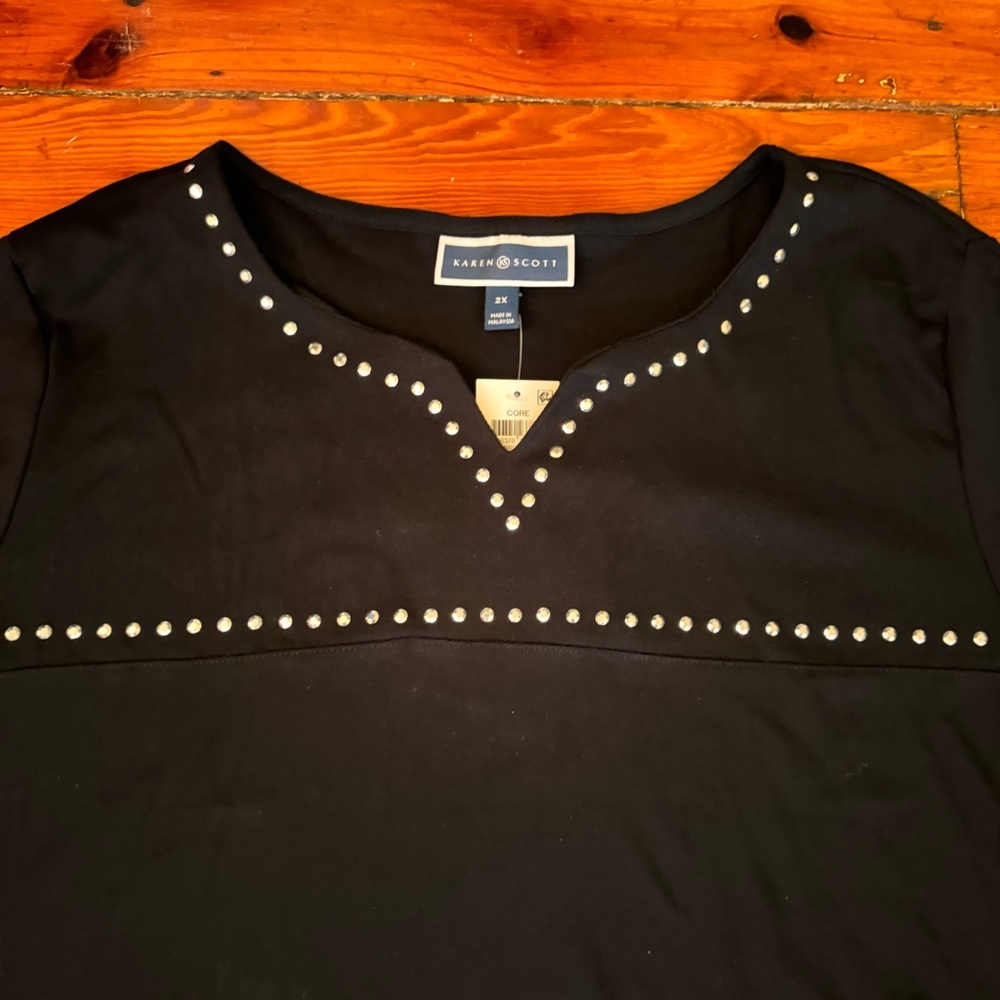 Karen Scott 3/4-Sleeve Embellished Boat Neck Tunic Top Size 2X NWT Black - Picture 6 of 13
